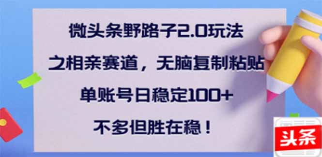 微头条野路子2.0玩法之相亲赛道，无脑搬砖复制粘贴，单账号日稳定300+…-课程网