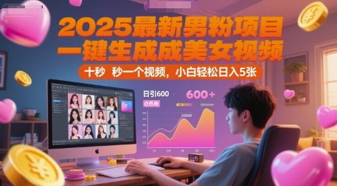 2025最新男粉项目，一键生成美女视频，日引600+色粉 十秒一个视频，小白轻松日入5张【揭秘】财创网络学堂-引流教程-网赚教程-副业教程-引流技术-副业-网络赚钱项目课程网