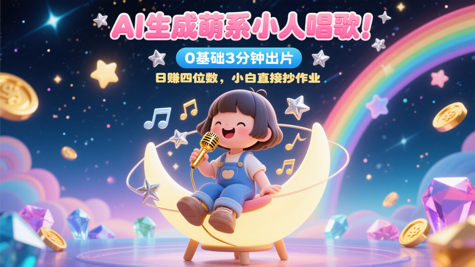 AI生成萌系小人唱歌！0基础3分钟出片，28个作品涨粉9万，日赚四位数，小白直接抄作业财创网络学堂-引流教程-网赚教程-副业教程-引流技术-副业-网络赚钱项目课程网