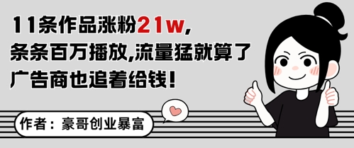 11条作品涨粉21W，条条百W播放，流量猛就算了，广告商也追着给钱财创网络学堂-引流教程-网赚教程-副业教程-引流技术-副业-网络赚钱项目课程网