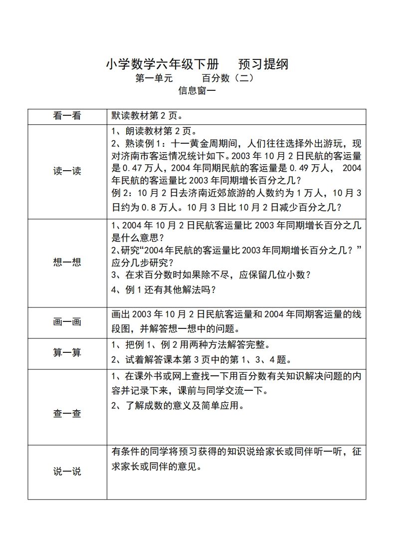 六下人教版数学课前预习单-课程网