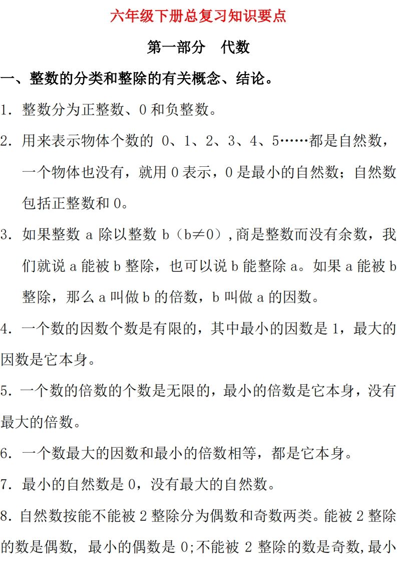 【总复习知识汇总】六下数学西师版-课程网
