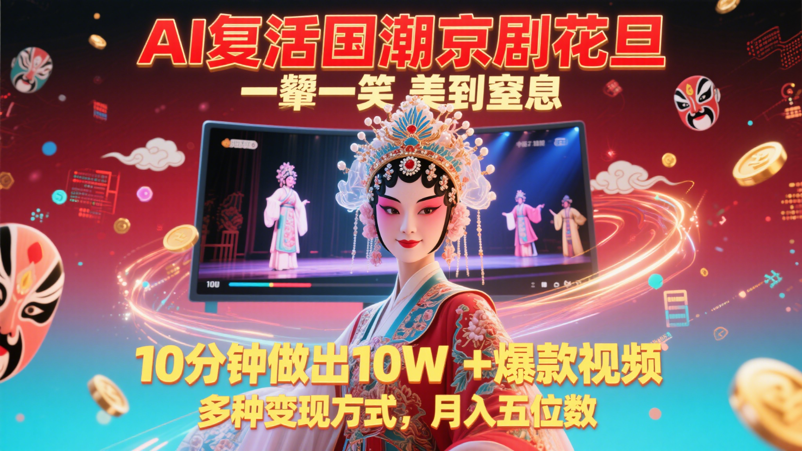 AI复活国潮京剧花旦，一颦一笑美到窒息，10分钟做出10W+爆款视频，多种变现方式财创网络学堂-引流教程-网赚教程-副业教程-引流技术-副业-网络赚钱项目课程网