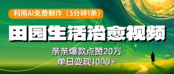 利用AI免费制作田园生活治愈视频，条条爆款点赞20W，单日变现几张-课程网