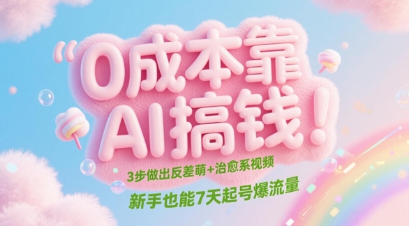 0成本靠AI搞钱！3步做出反差萌+治愈系视频，新手也能7天起号爆流量财创网络学堂-引流教程-网赚教程-副业教程-引流技术-副业-网络赚钱项目课程网