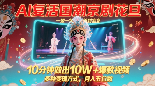 AI复活国潮京剧花旦，一颦一笑美到窒息，10分钟做出10W+爆款视频，多种变现方式，月入五位数财创网络学堂-引流教程-网赚教程-副业教程-引流技术-副业-网络赚钱项目课程网
