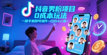抖音男粉项目0成本玩法，一部手机即可操作，日均4张+，时间自由财创网络学堂-引流教程-网赚教程-副业教程-引流技术-副业-网络赚钱项目课程网
