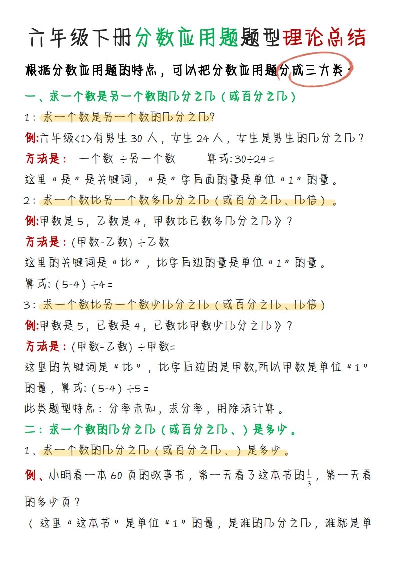 《分数应用题题型理论总结》六下数学【北师版】-课程网
