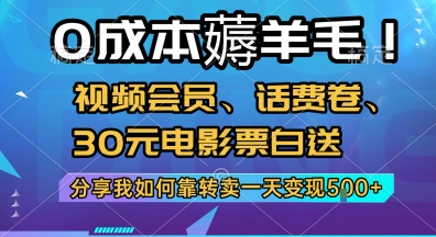 0成本薅羊毛!视频会员、话费卷、30元电影票白送，分享我如何靠转卖一天变现5张+【揭秘】财创网络学堂-引流教程-网赚教程-副业教程-引流技术-副业-网络赚钱项目课程网