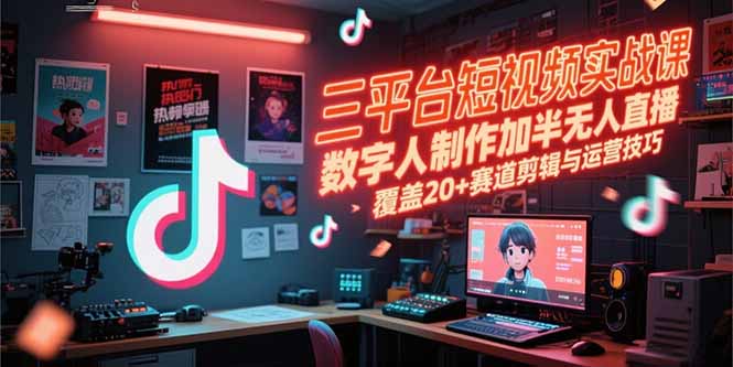 三平台短视频实战课，数字人制作加半无人直播，覆盖20+赛道剪辑与运营技巧财创网络学堂-引流教程-网赚教程-副业教程-引流技术-副业-网络赚钱项目课程网