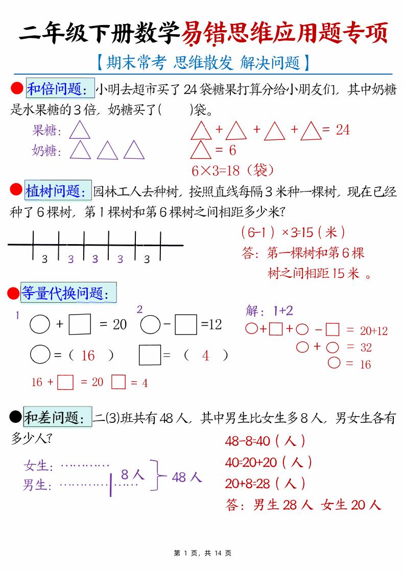 （期末常考30道母题）二年级下册数学易错思维应用题专项（练习题+答案）-课程网