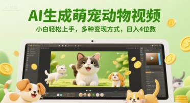 AI生成萌宠动物视频，小白轻松上手，多种变现方式，日入4位数财创网络学堂-引流教程-网赚教程-副业教程-引流技术-副业-网络赚钱项目课程网