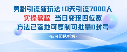男粉引流新玩法10天引流7000人当日变现四位数可复制可批量0封号财创网络学堂-引流教程-网赚教程-副业教程-引流技术-副业-网络赚钱项目课程网