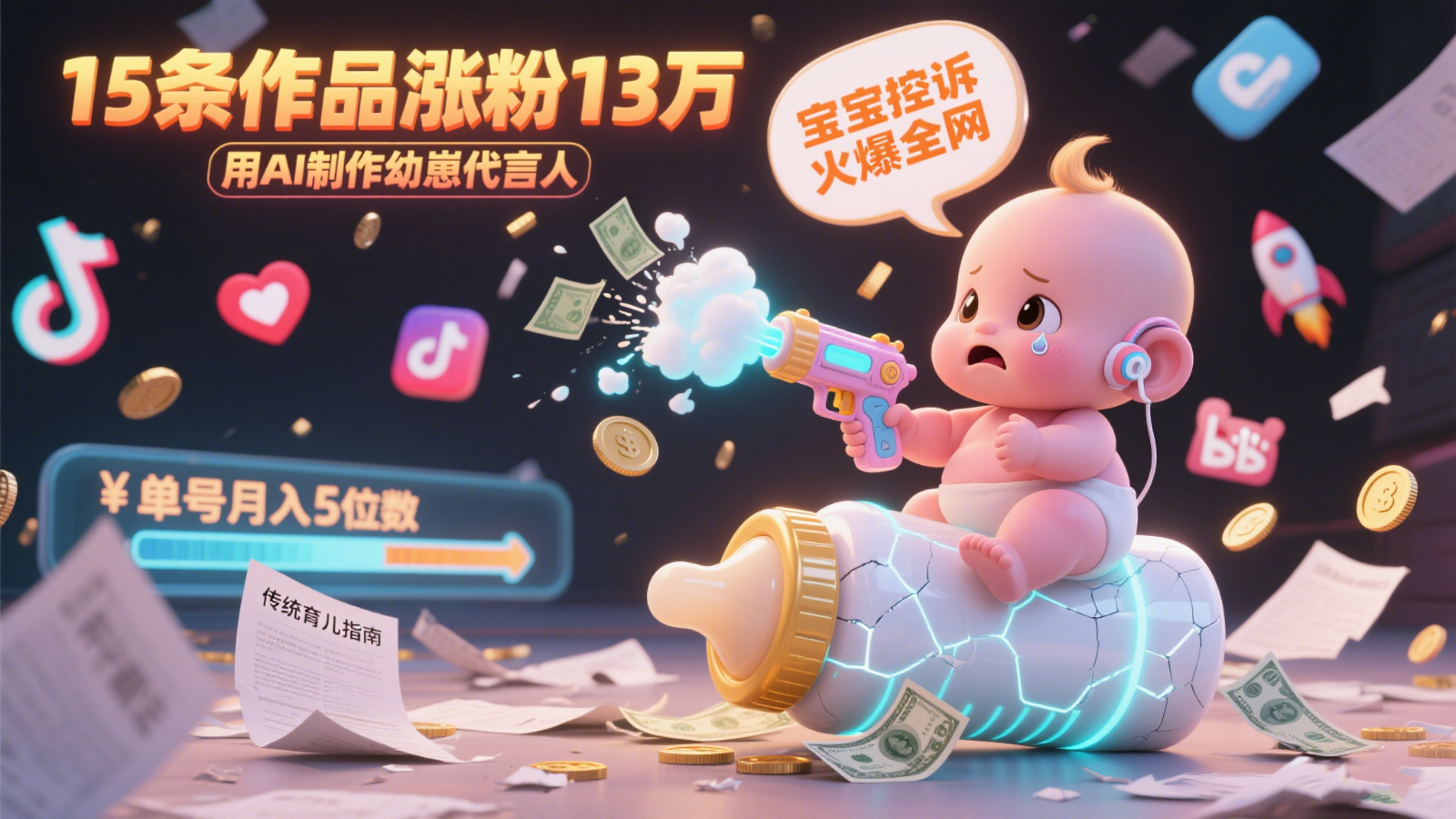 用AI制作幼崽代言人，宝宝的控诉火爆全网，15条作品涨粉13万，单号月入5位数实操教程财创网络学堂-引流教程-网赚教程-副业教程-引流技术-副业-网络赚钱项目课程网
