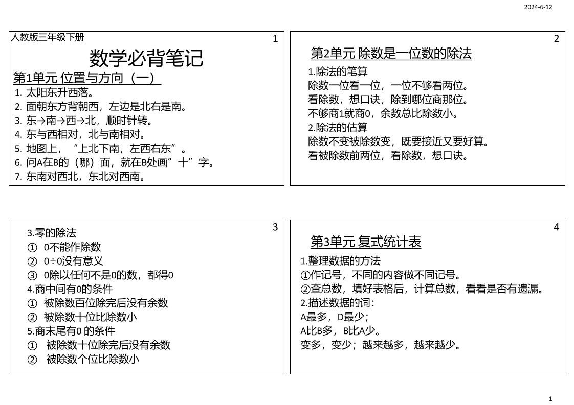 三年级数学下册必背笔记课课贴（4图）-课程网