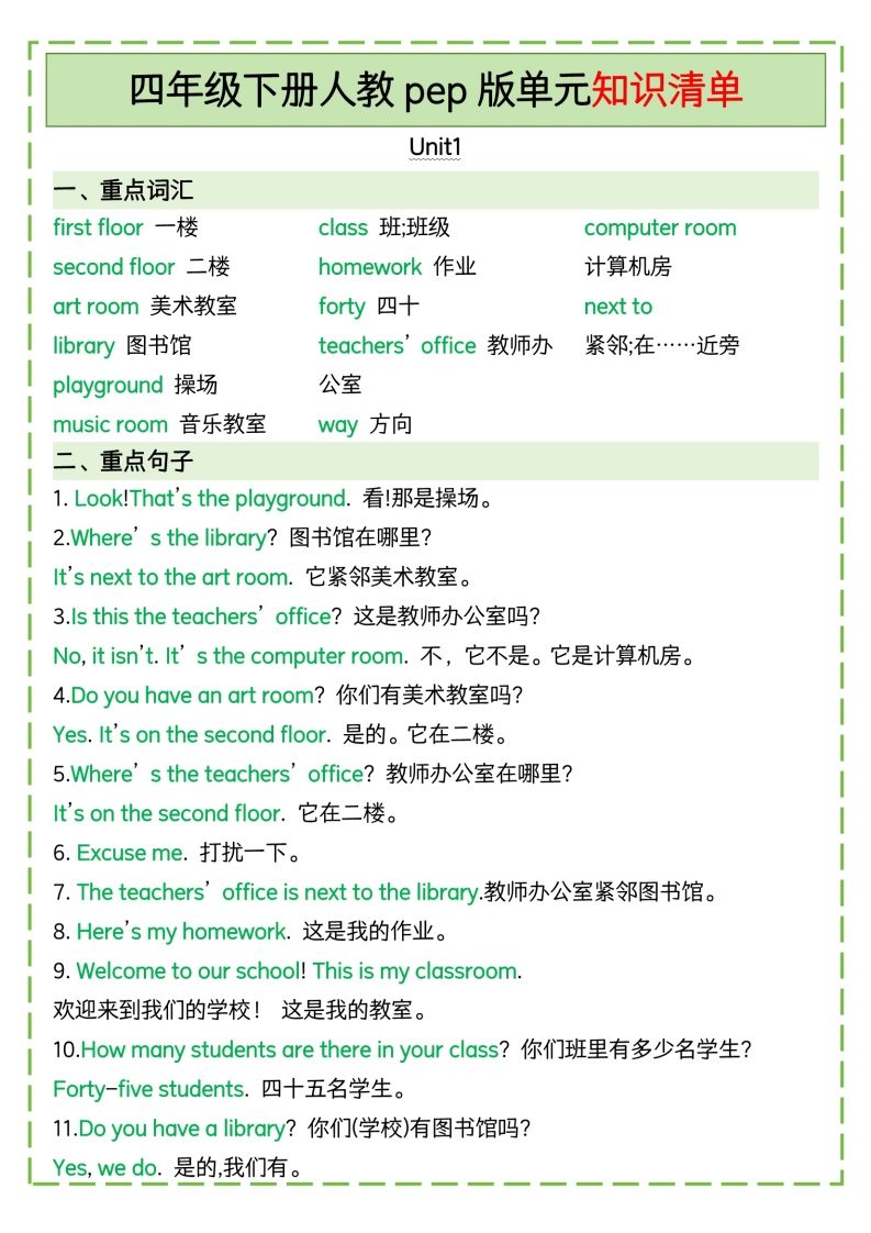 四下英语人教pep版单元知识清单-课程网