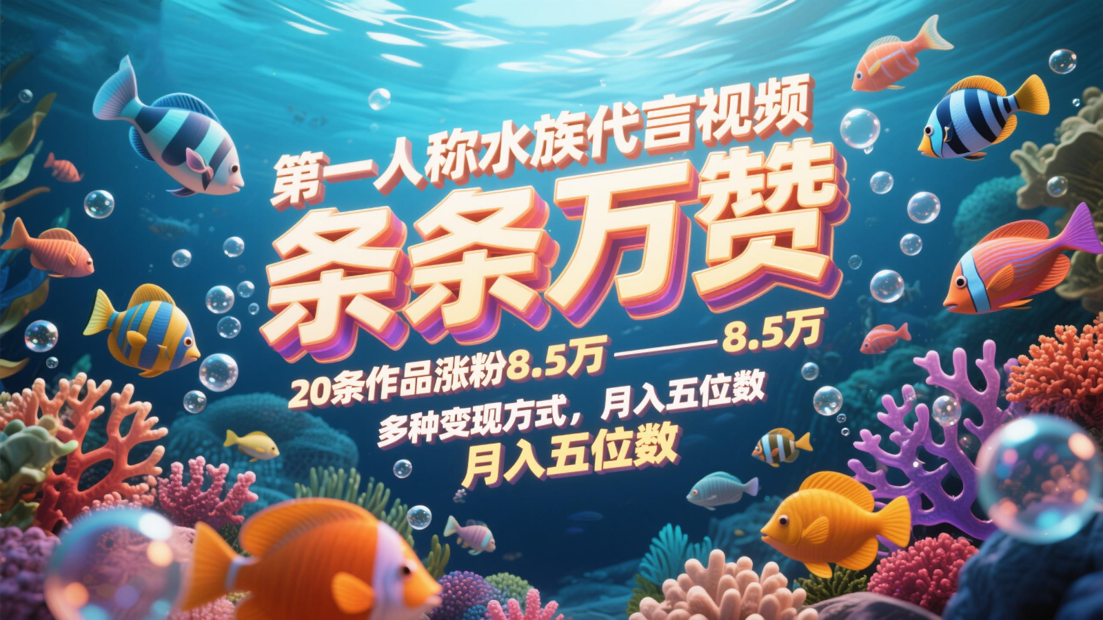 第一人称水族代言视频，条条万赞，20条作品涨粉8.5万，多种变现方式月，入五位数财创网络学堂-引流教程-网赚教程-副业教程-引流技术-副业-网络赚钱项目课程网