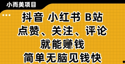 小而美的项目，抖音小红书B站视频点赞、关注、评论就能挣钱，简单无脑立见收益，妥妥的零撸项目【揭秘】财创网络学堂-引流教程-网赚教程-副业教程-引流技术-副业-网络赚钱项目课程网