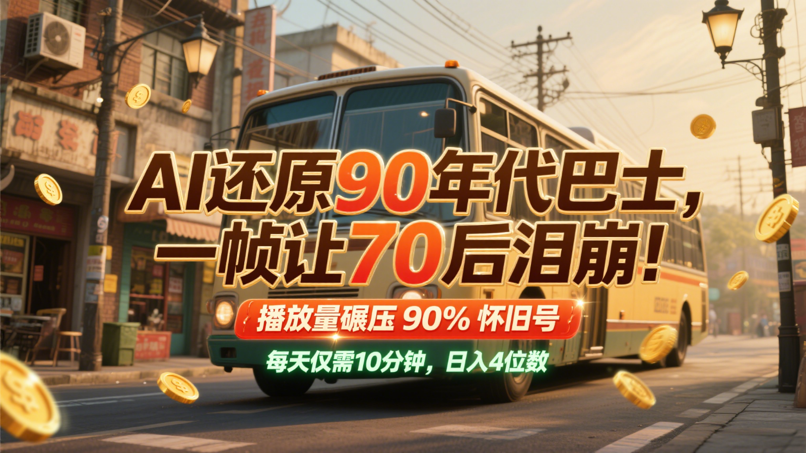 AI还原90年代巴士，一帧让70后泪崩！播放量碾压90%怀旧号，每天10分钟，日入4位数财创网络学堂-引流教程-网赚教程-副业教程-引流技术-副业-网络赚钱项目课程网