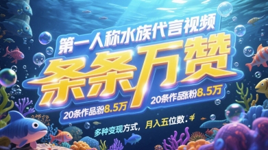 第一人称水族代言视频，条条万赞，20条作品涨粉7.8W，多种变现方式月入五位数财创网络学堂-引流教程-网赚教程-副业教程-引流技术-副业-网络赚钱项目课程网